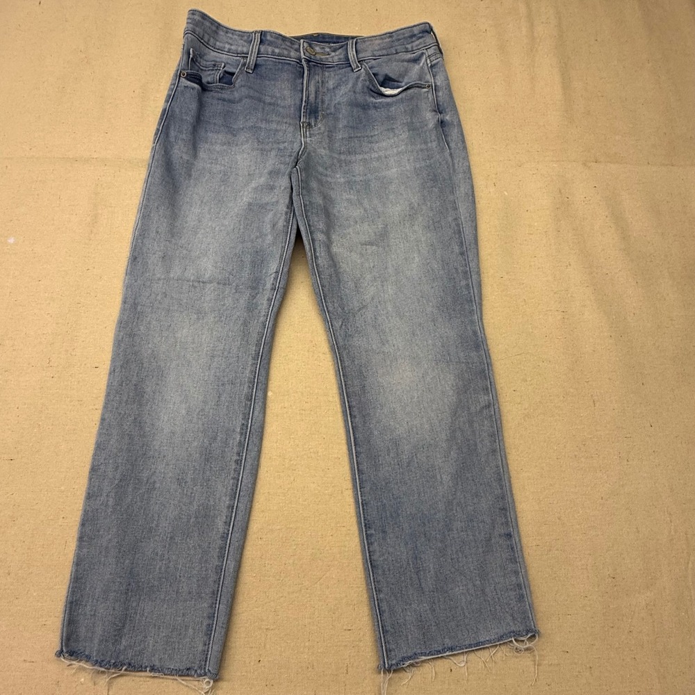Old Navy Power Straight Jeans Light Wash Raw Hem High Rise Denim Womens 10